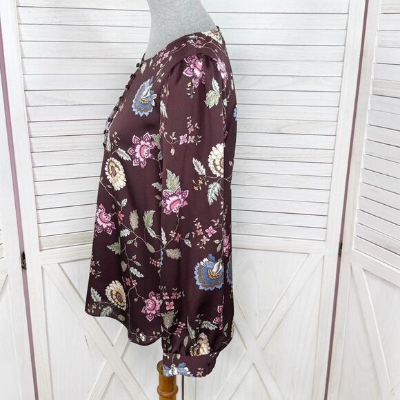 Vince Camuto Floral Puff Sleeve Button Front Blouse Brown Pink Small Wildflower - Picture 2 of 12